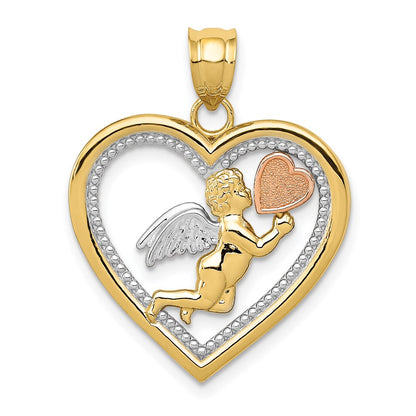 14k Tri-Color Two-tone Gold w/White Rhodium Angel Heart Pendant