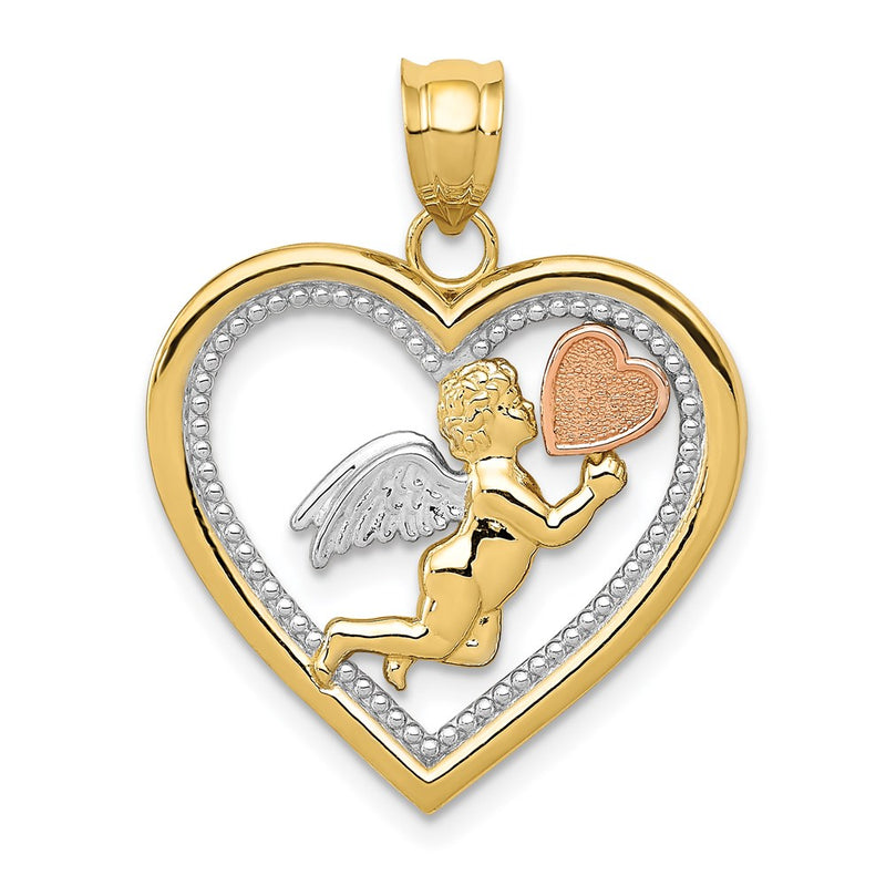 14k Tri-Color Two-tone Gold w/White Rhodium Angel Heart Pendant