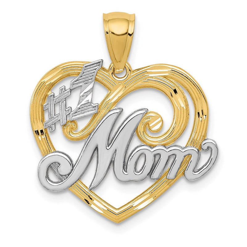 14k Yellow & Rhodium Gold and Rhodium #1 MOM Heart Pendant