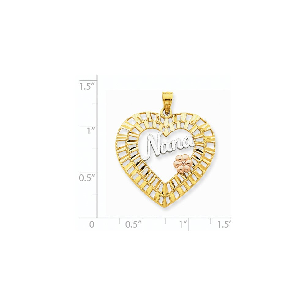 14k Tri-Color Yellow & Rose Gold w/Rhodium Diamond-cut Nana Heart Pendant