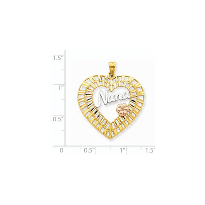 14k Tri-Color Yellow & Rose Gold w/Rhodium Diamond-cut Nana Heart Pendant