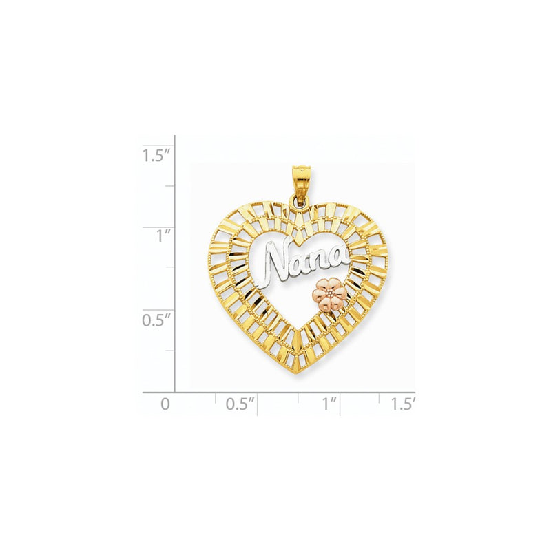 14k Tri-Color Yellow & Rose Gold w/Rhodium Diamond-cut Nana Heart Pendant