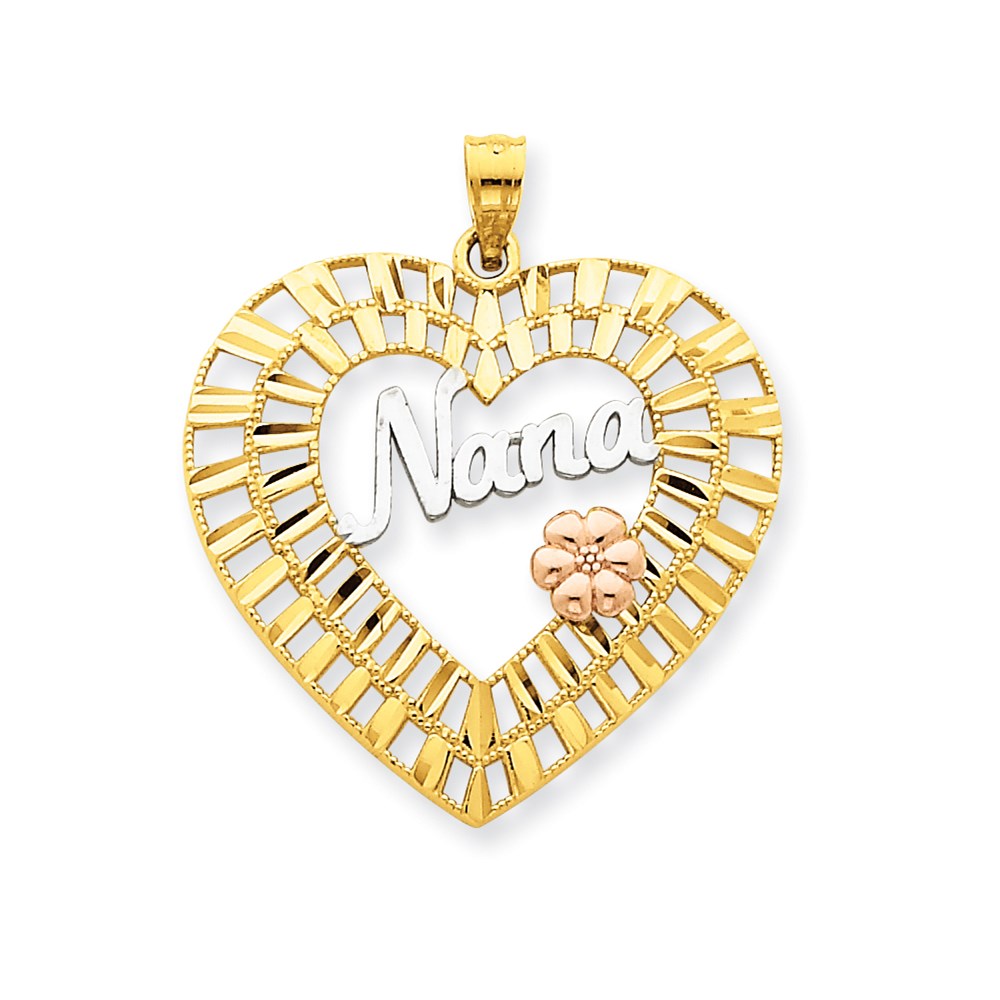 14k Tri-Color Yellow & Rose Gold w/Rhodium Diamond-cut Nana Heart Pendant