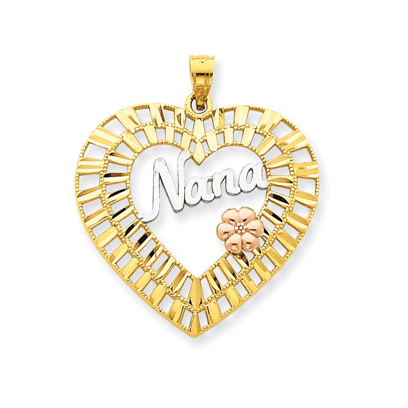 14k Tri-Color Yellow & Rose Gold w/Rhodium Diamond-cut Nana Heart Pendant