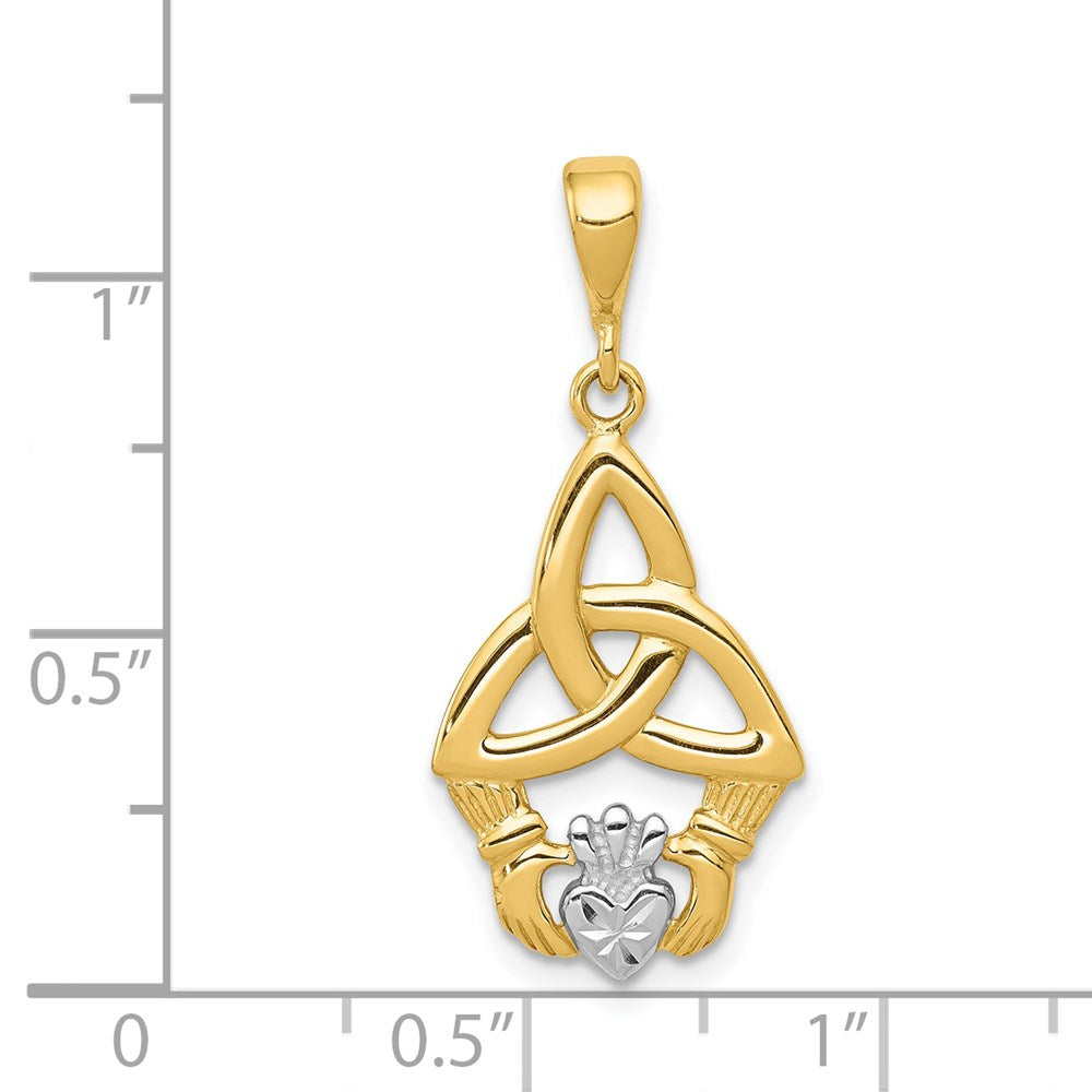 14k Yellow & Rhodium Gold Rhodium Diamond-cut Claddagh Pendant