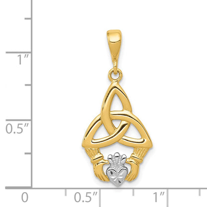 14k Yellow & Rhodium Gold Rhodium Diamond-cut Claddagh Pendant