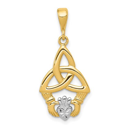 14k Yellow & Rhodium Gold Rhodium Diamond-cut Claddagh Pendant