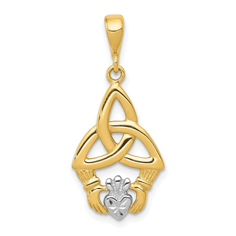 14k Yellow & Rhodium Gold Rhodium Diamond-cut Claddagh Pendant