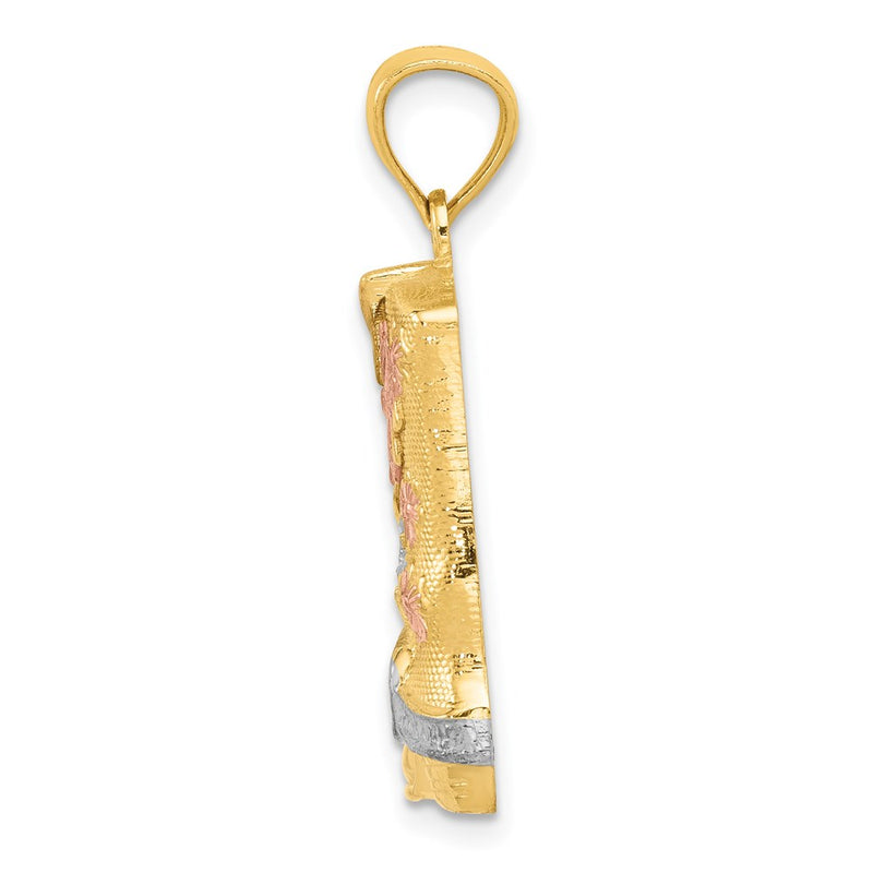 14k Yellow & Rhodium Gold Yellow w/Rose and White Rhodium Floral Boot Pendant