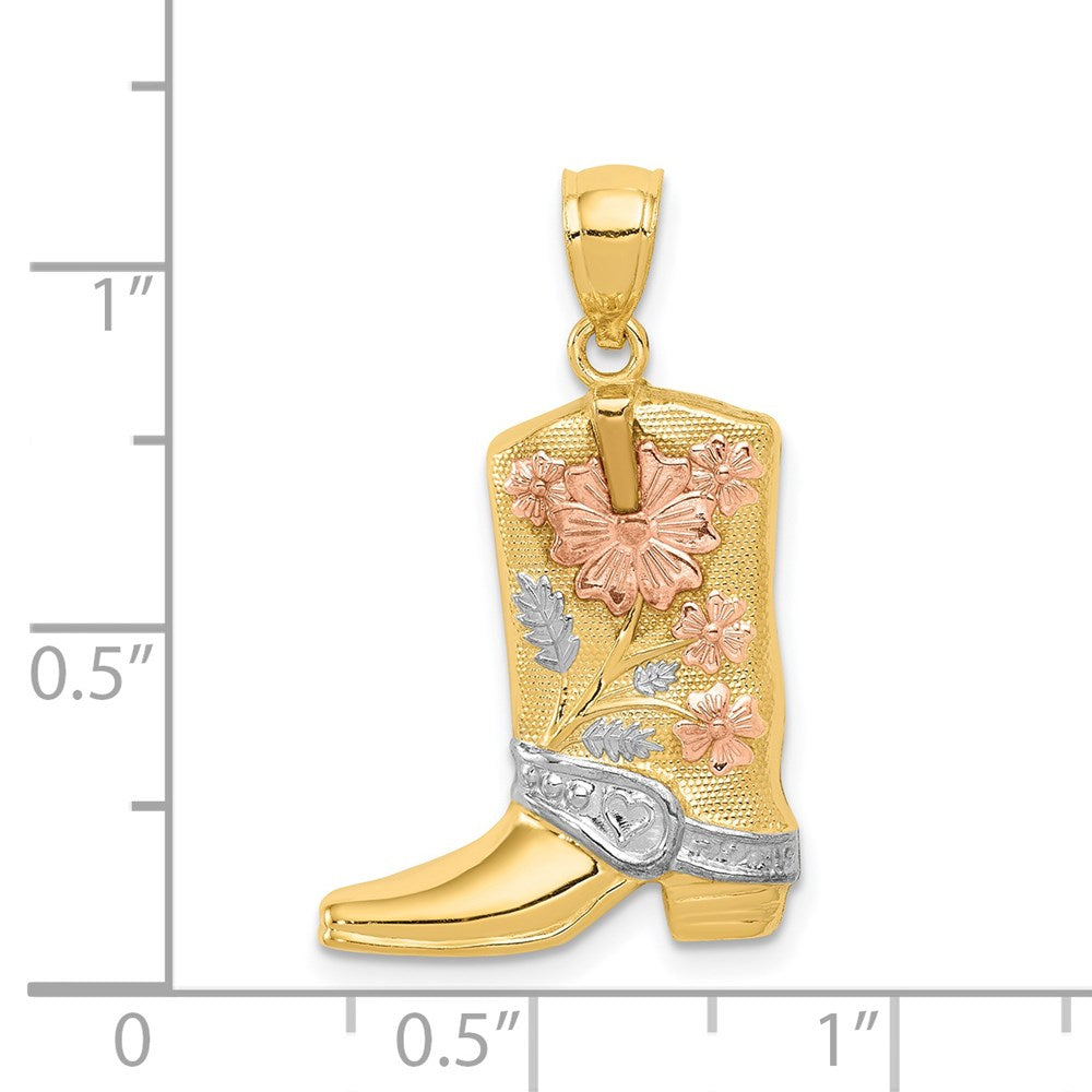 14k Yellow & Rhodium Gold Yellow w/Rose and White Rhodium Floral Boot Pendant