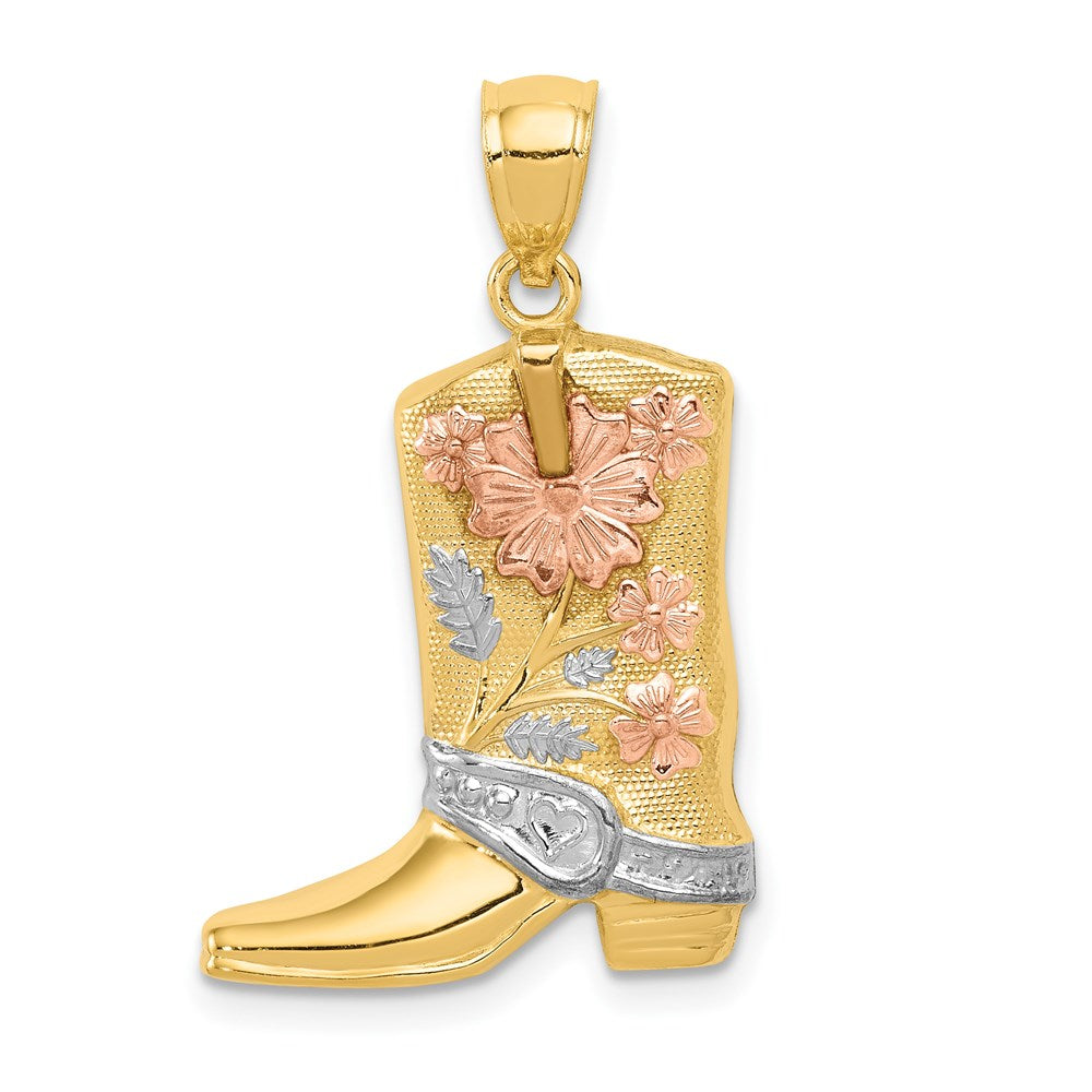 14k Yellow & Rhodium Gold Yellow w/Rose and White Rhodium Floral Boot Pendant