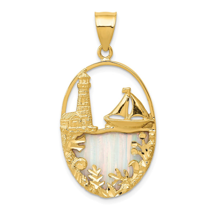 14k Yellow Gold Lab Created Opal Lighthouse Sailboat Pendant