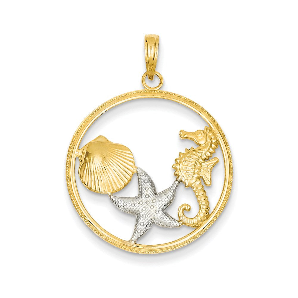 14k Yellow & Rhodium Gold & Rhodium Diamond-cut Sea Life Round Pendant
