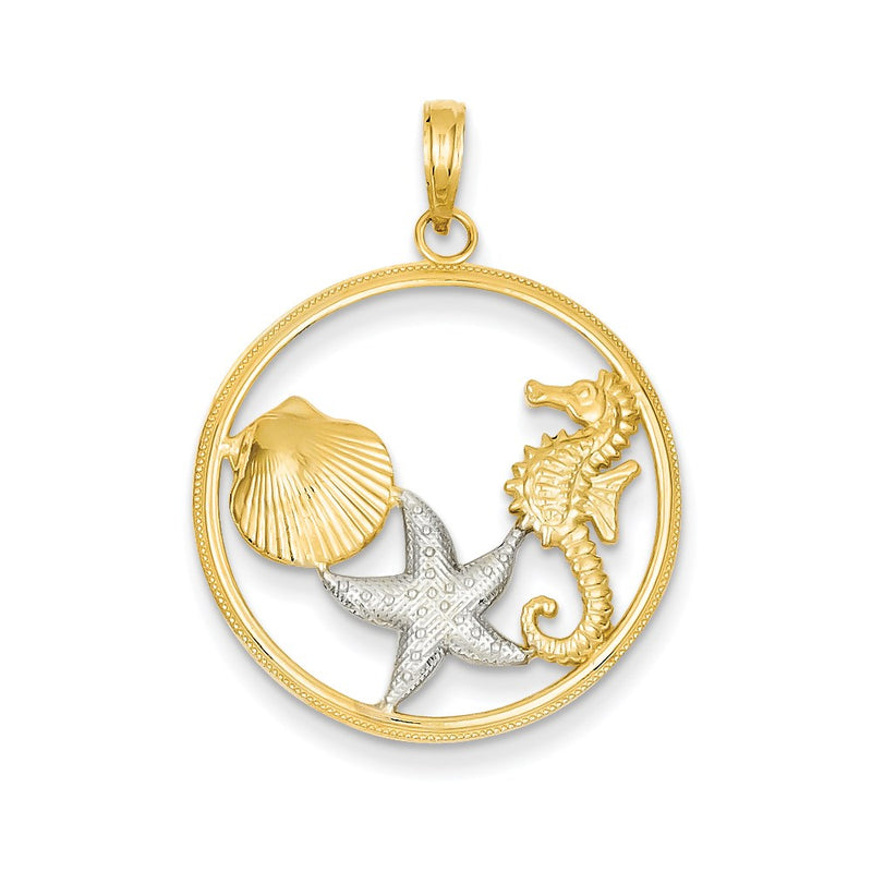 14k Yellow & Rhodium Gold & Rhodium Diamond-cut Sea Life Round Pendant
