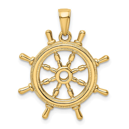 14k Yellow Gold  3D Ships Wheel Pendant