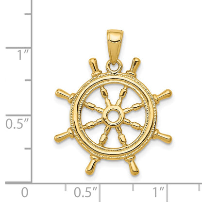 14k Yellow Gold  3D Ships Wheel Pendant