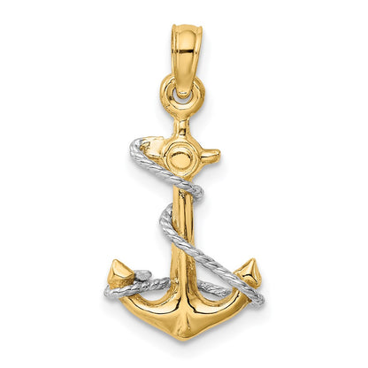 14k Two-tone Gold Two-tone Gold 3D Anchor W/Rope Pendant