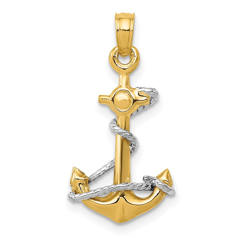 14k Two-tone Gold Two-tone Gold 3D Anchor W/Rope Pendant