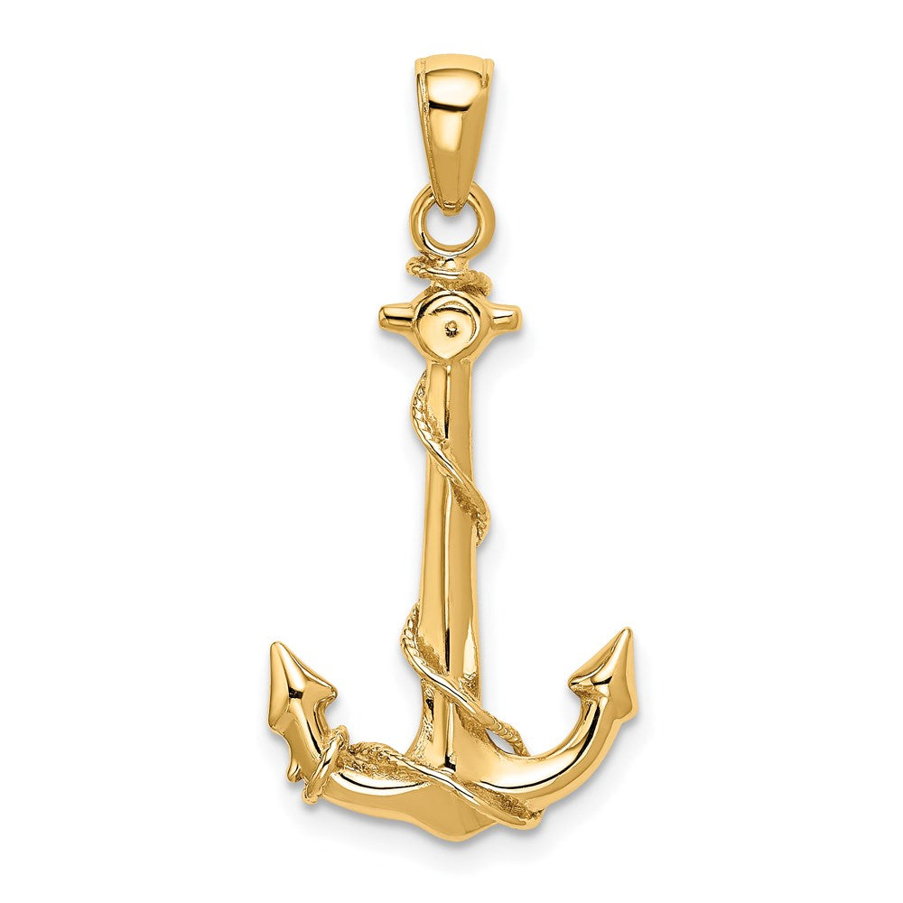 14k Yellow Gold  3D Anchor W/Rope Pendant