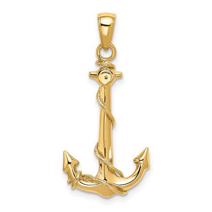 14k Yellow Gold  3D Anchor W/Rope Pendant