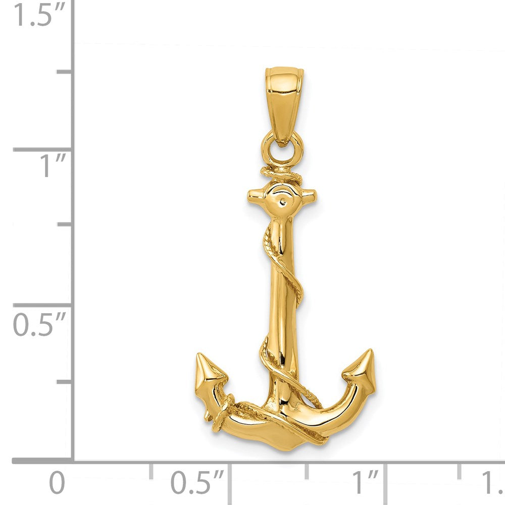 14k Yellow Gold  3D Anchor W/Rope Pendant