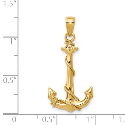 14k Yellow Gold  3D Anchor W/Rope Pendant