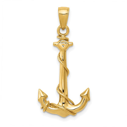 14k Yellow Gold  3D Anchor W/Rope Pendant