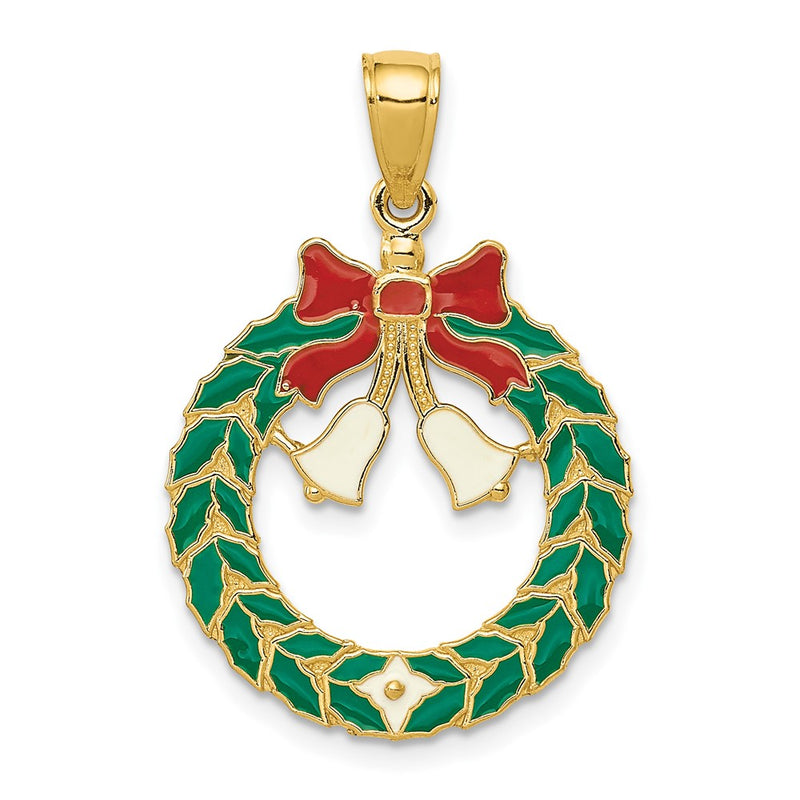 14k Yellow Gold Enameled Christmas Wreath Pendant
