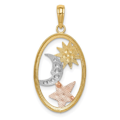 14k Two-tone Gold w/White Rhodium Sun Moon and Star Oval Pendant