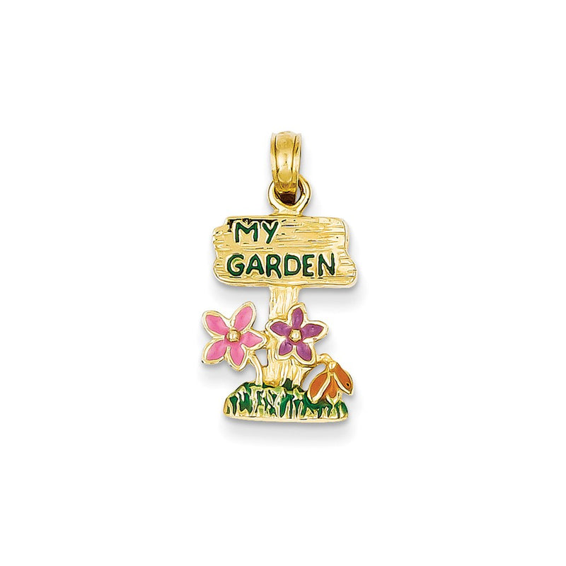 14k Yellow Gold Enameled My Garden Sign w/Flowers Pendant