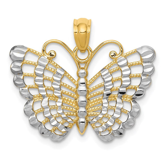 14k Yellow & Rhodium Gold and Rhodium Diamond-cut Butterfly Pendant