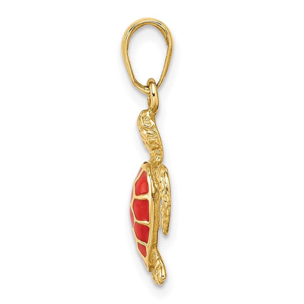 14k Yellow Gold Coral Enameled Sea Turtle Pendant