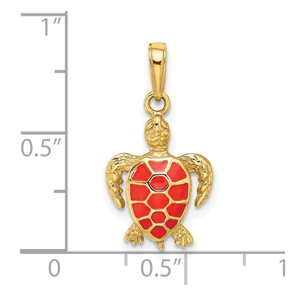 14k Yellow Gold Coral Enameled Sea Turtle Pendant