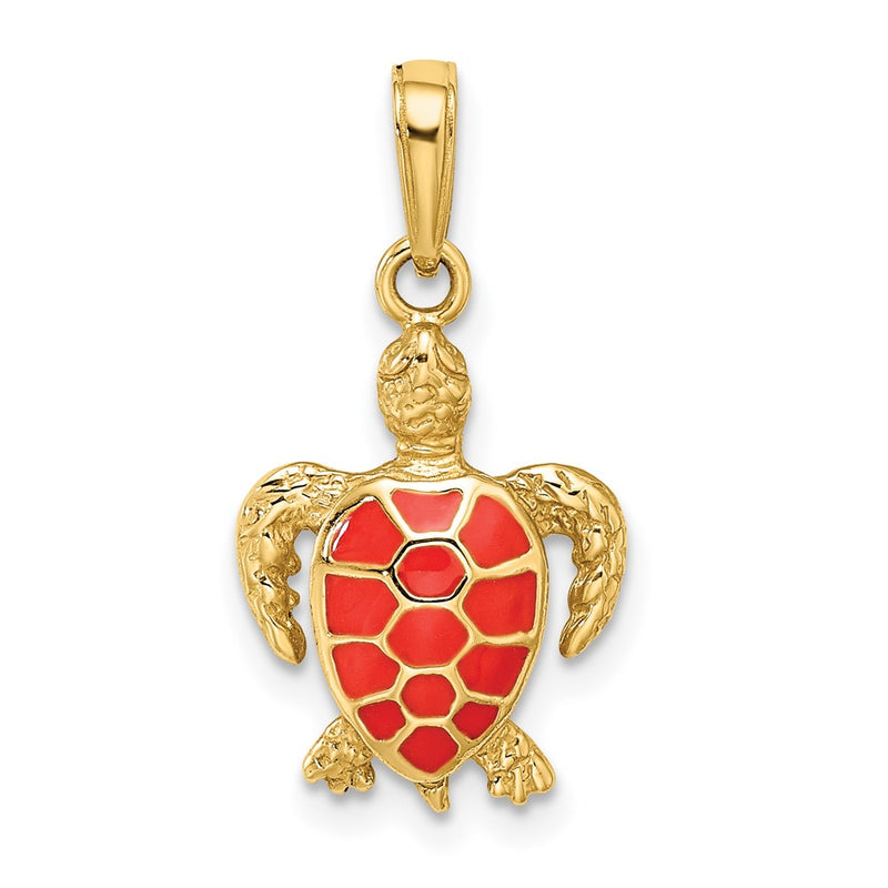 14k Yellow Gold Coral Enameled Sea Turtle Pendant