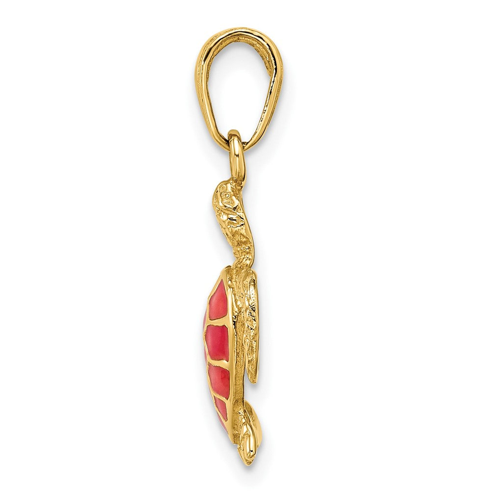 14k Yellow Gold Fuchsia Pink Enameled Sea Turtle Pendant