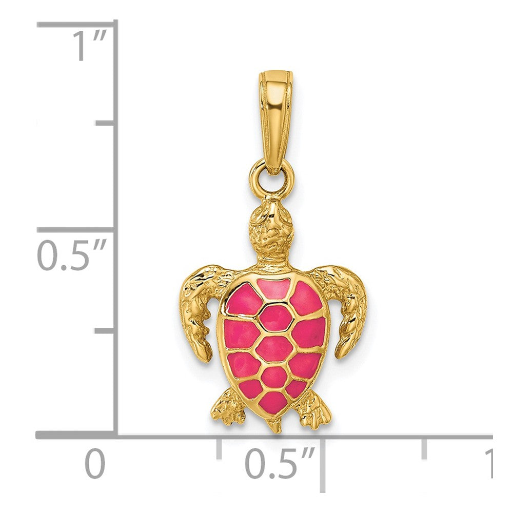 14k Yellow Gold Fuchsia Pink Enameled Sea Turtle Pendant