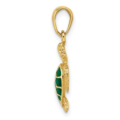 14k Yellow Gold Green Enameled Sea Turtle Pendant