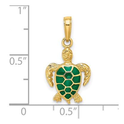 14k Yellow Gold Green Enameled Sea Turtle Pendant