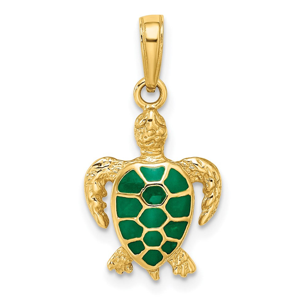 14k Yellow Gold Green Enameled Sea Turtle Pendant