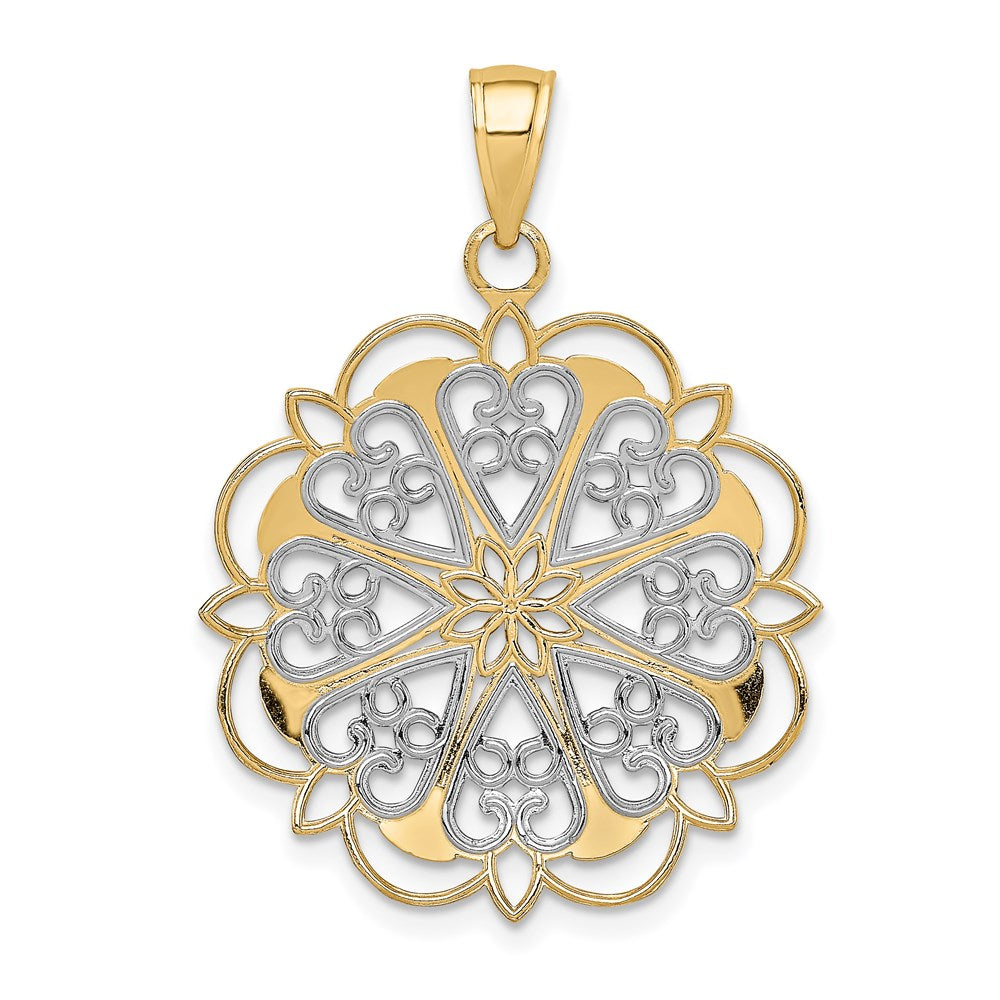 14k Yellow & Rhodium Gold w/Rhodium Filigree Hearts W/Scalloped Edge Pendant