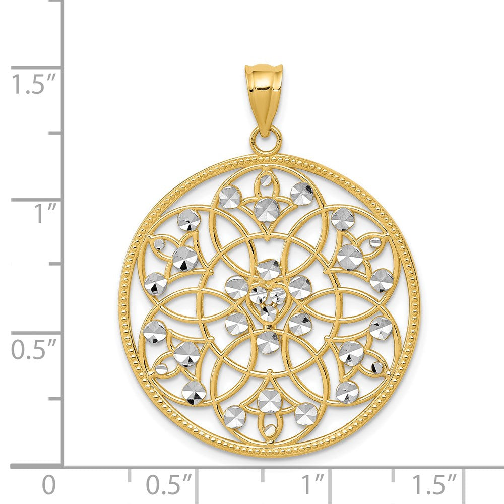 14k Yellow & Rhodium Gold and Rhodium Diamond-cut Circle Pendant