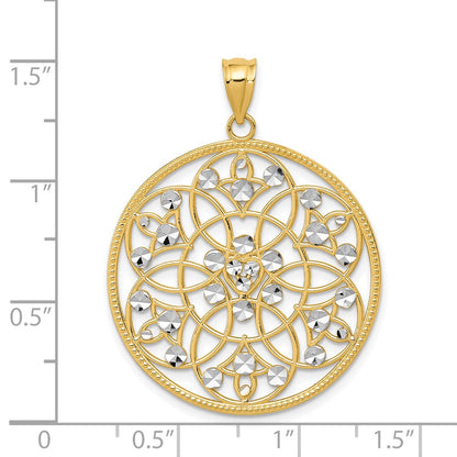 14k Yellow & Rhodium Gold and Rhodium Diamond-cut Circle Pendant