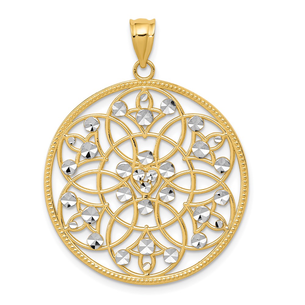 14k Yellow & Rhodium Gold and Rhodium Diamond-cut Circle Pendant