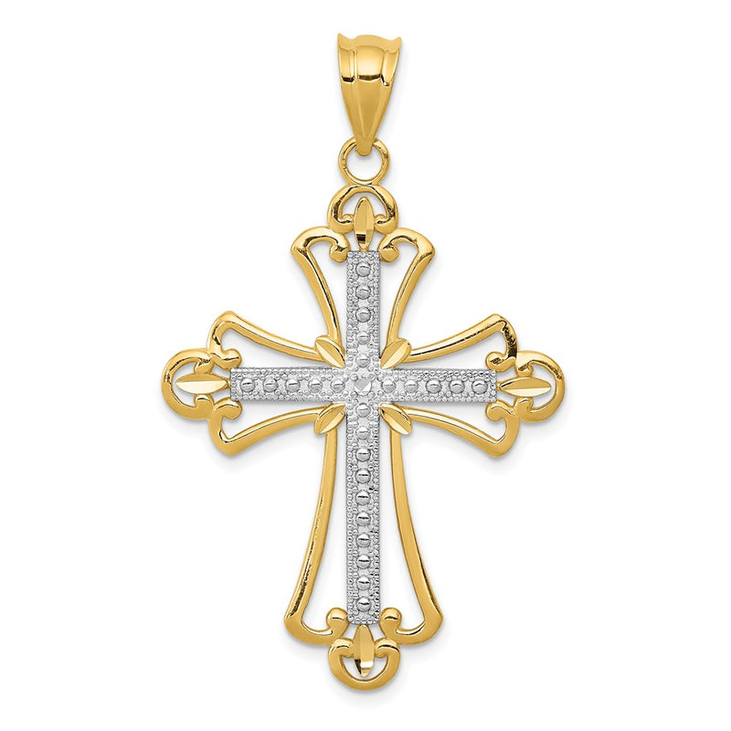 14k Yellow & Rhodium Gold w/Rhodium Budded Cross Pendant