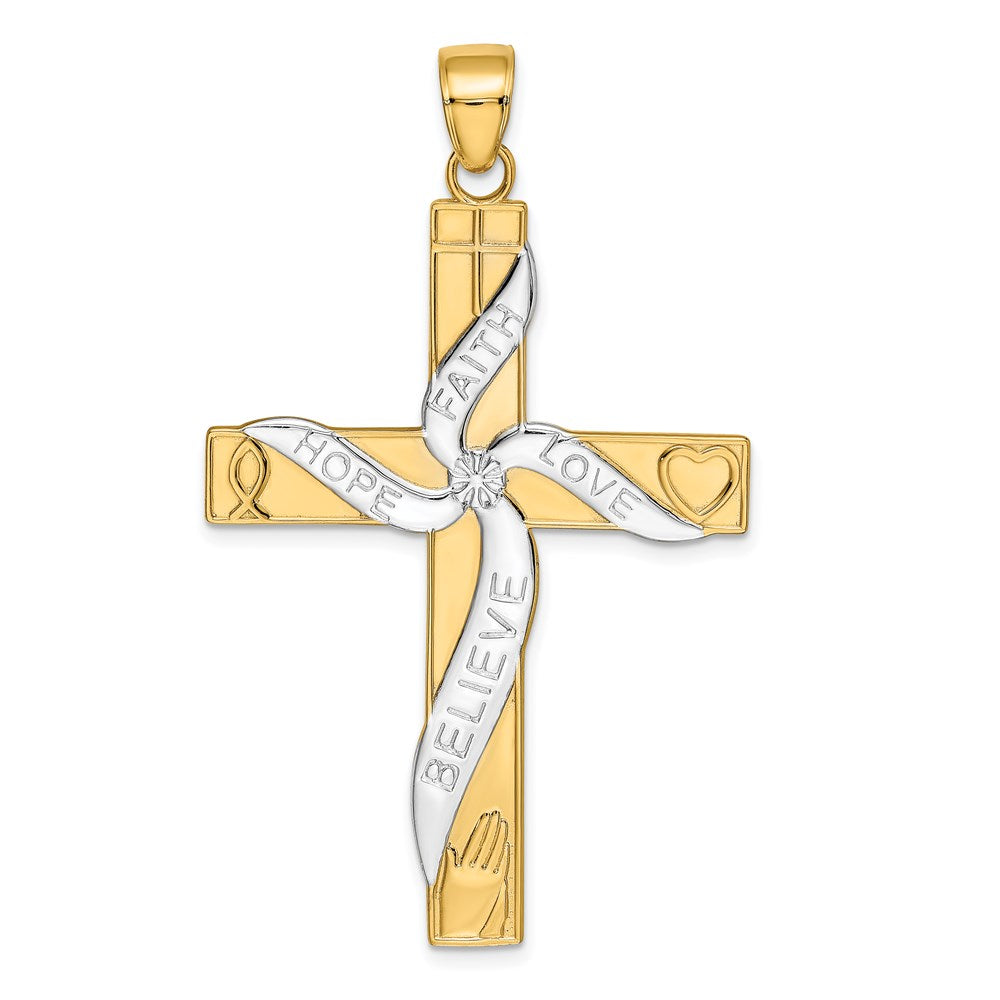 14k Yellow & Rhodium Gold w/Rhodium HOPE FAITH LOVE BELIEVE Cross Pendant