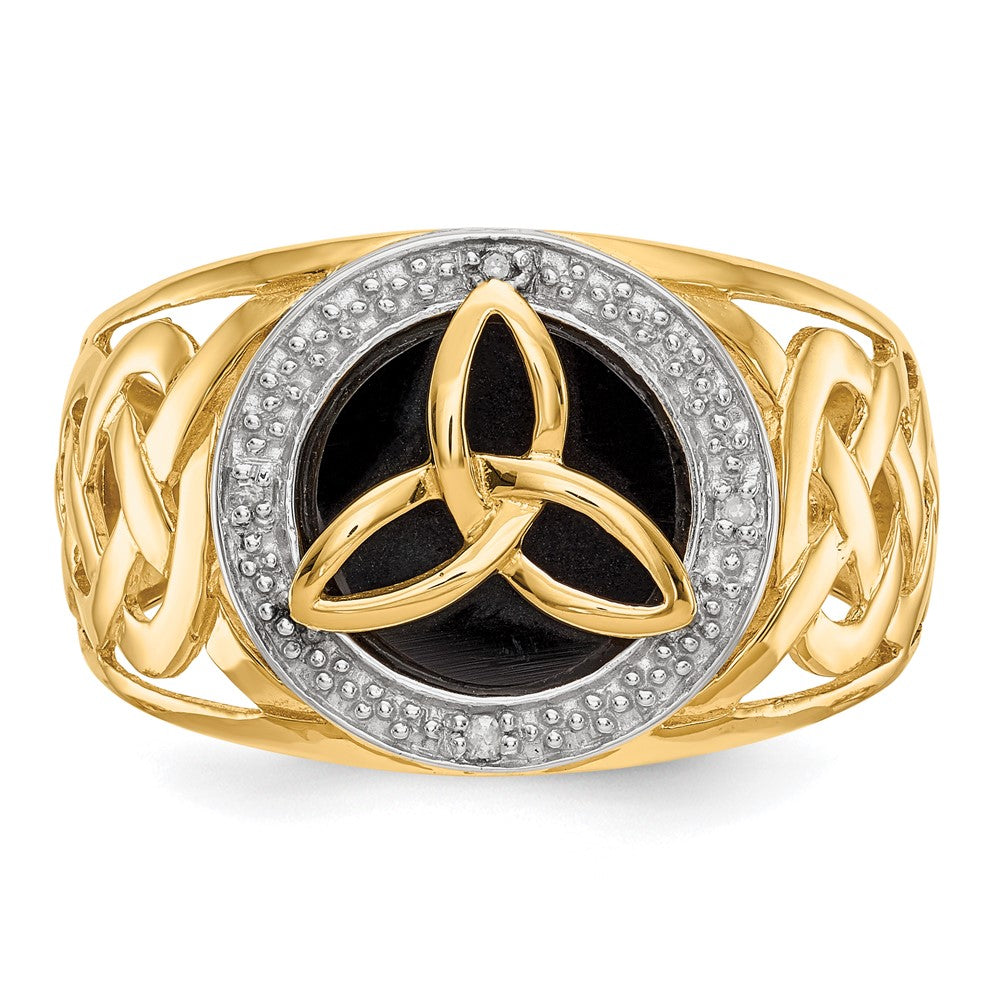 14K Yellow Gold and Rhodium Onyx Real Diamond Trinity Ring