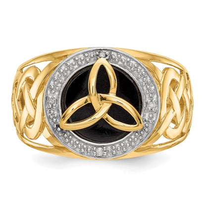 14K Yellow Gold and Rhodium Onyx Real Diamond Trinity Ring