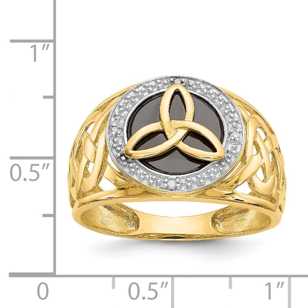 14K Yellow Gold and Rhodium Onyx Real Diamond Trinity Ring