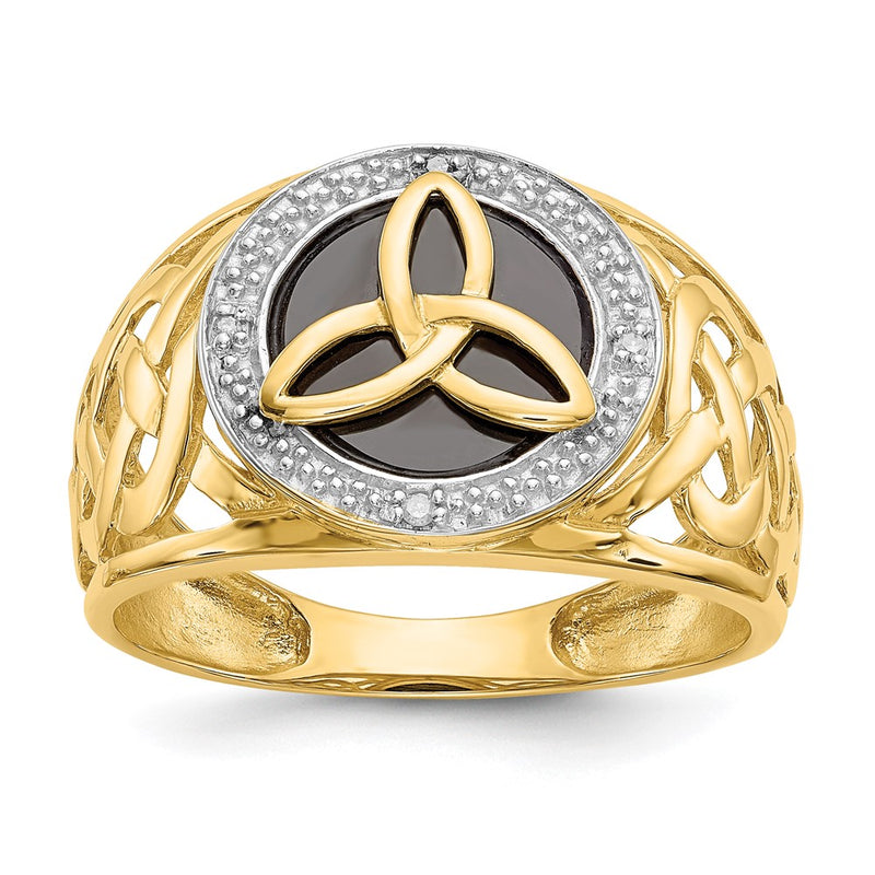 14K Yellow Gold and Rhodium Onyx Real Diamond Trinity Ring
