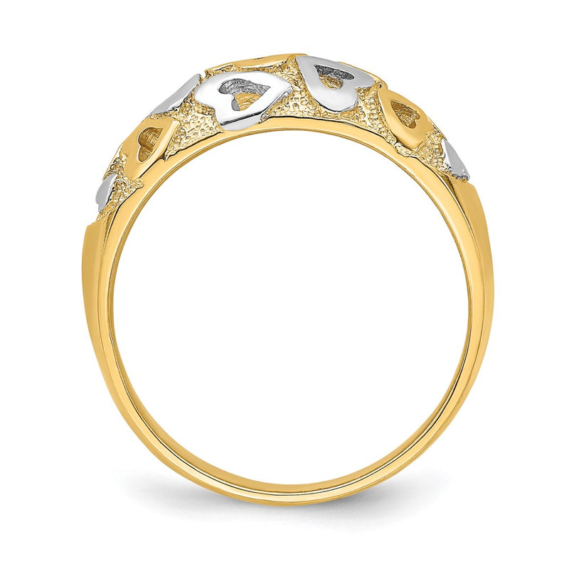 14k Yellow Gold and Rhodium Hearts Dome Ring